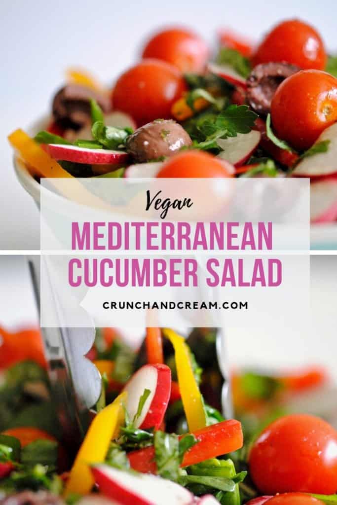 A quick and simple cucumber salad for 1 or 2 packed full of delicious Summer flavours. It's got a base of spiralised cucumber, with rocket, tomatoes, sugar snap peas and olives on top. Add fresh basil, mint and parsley plus a lemon-olive oil vinaigrette for a delicious side dish or lunch.