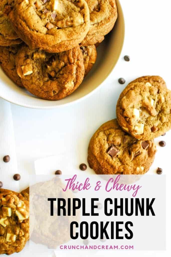 These thick and chewy triple chunk cookies are the perfect sweet treat! Packed full of milk and white chocolate chunks plus fudge chunks, they're absolutely irresistible!