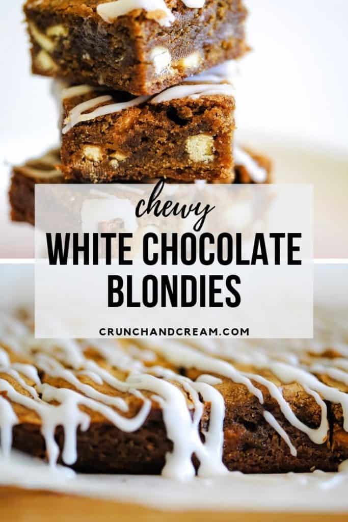 These blondies are perfectly chewy, fudgy and full of white chocolate chips - the ultimate snack! They're even drizzled with a frosting like cinnamon rolls! #whitechocolateblondies #cinnamonblondies #chewyblondies #baking #recipe