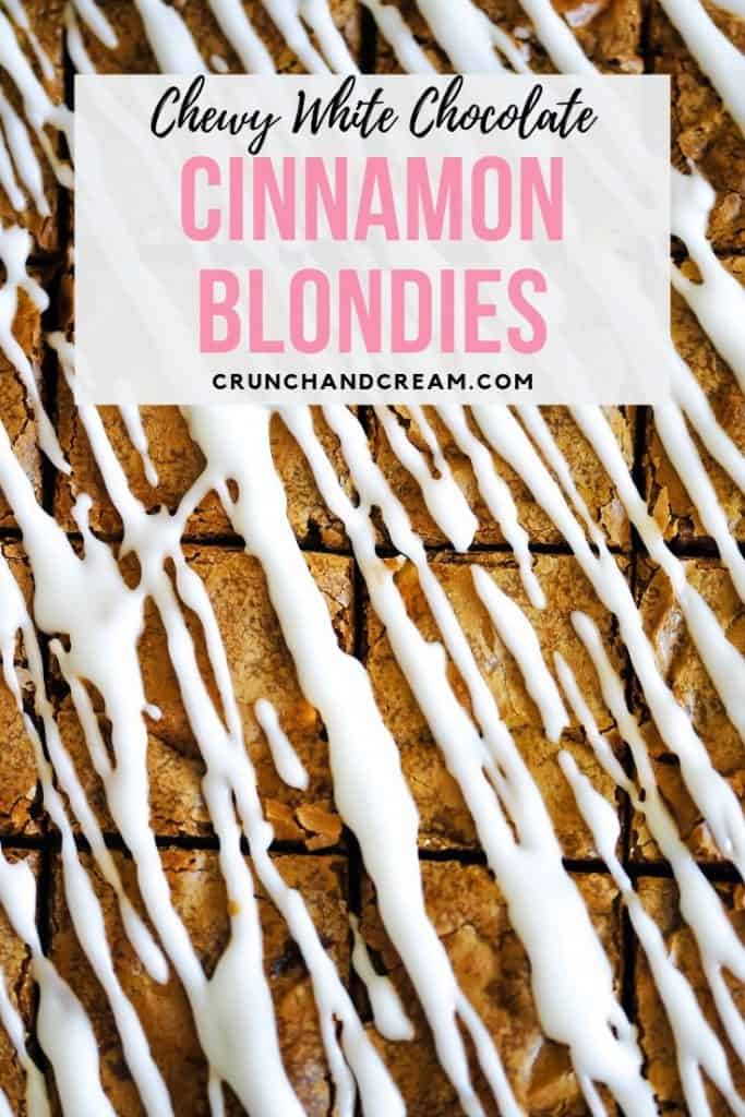 These blondies are perfectly chewy, fudgy and full of white chocolate chips - the ultimate snack! They're even drizzled with a frosting like cinnamon rolls! #whitechocolateblondies #cinnamonblondies #chewyblondies #baking #recipe