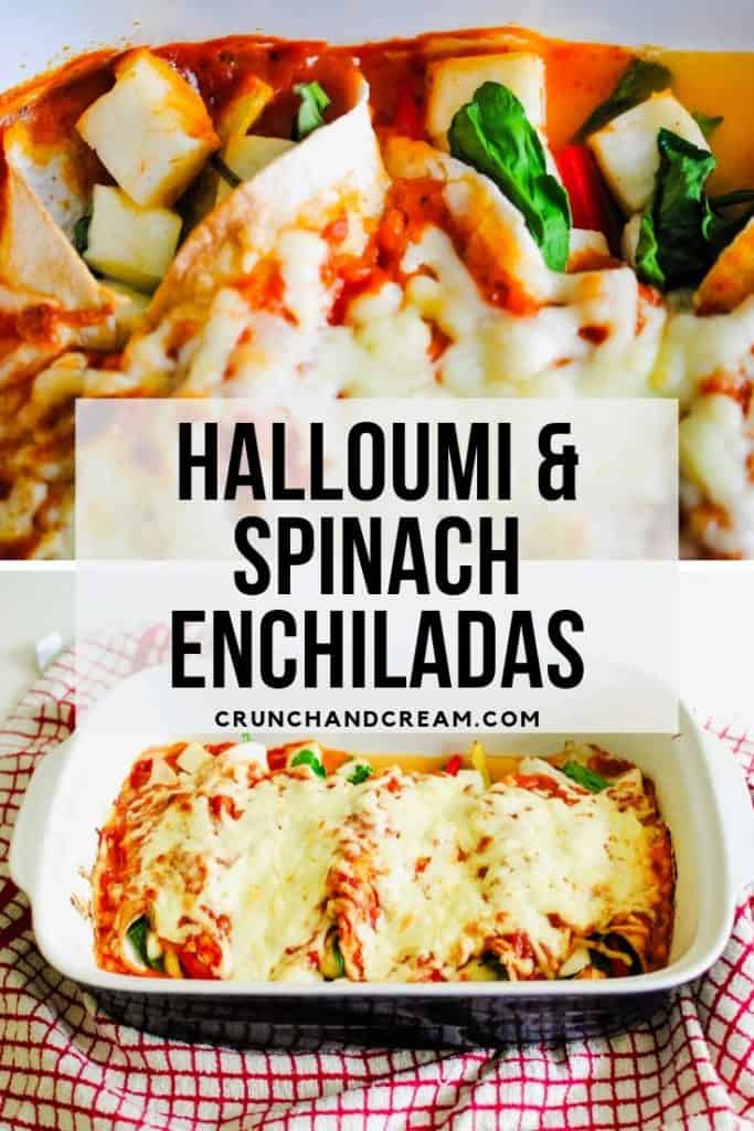These 30-minute halloumi and spinach enchiladas are a perfect veggie-friendly weeknight dinner - only 6-ingredients required! Plus you can customise the filling with all your favourite veggies! #easyspinachenchiladas #vegetarianspinachenchiladas #easyvegetarianenchiladas