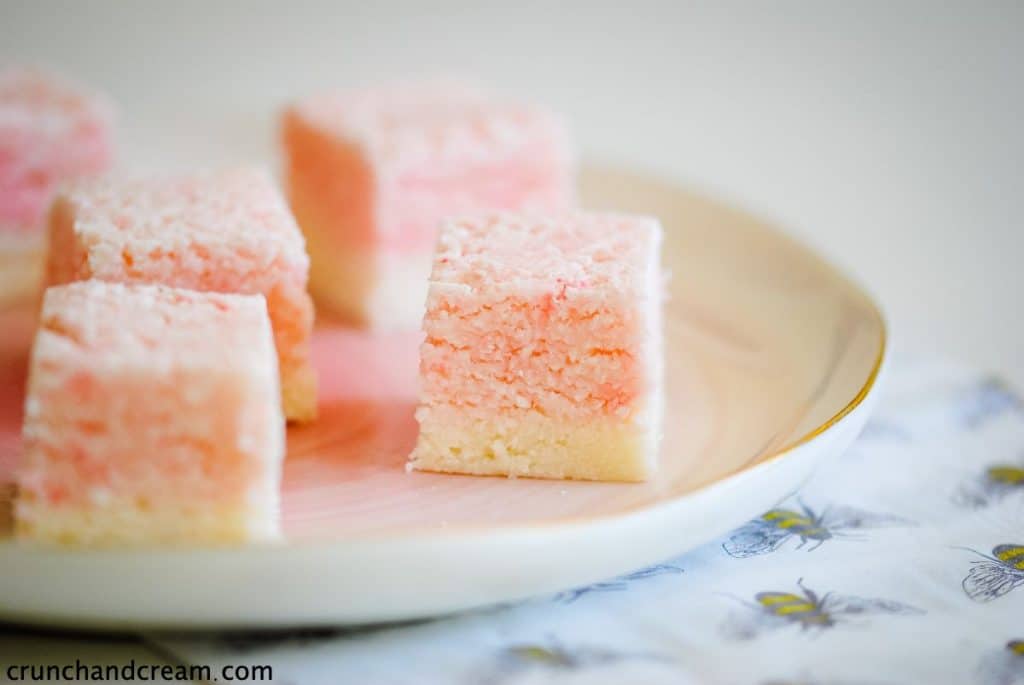 plate of pink and white layered candies